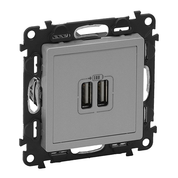 Зарядное устройство с двумя USB-разъемами тип А-А 2400мА с накладкой Legrand Life алюминий