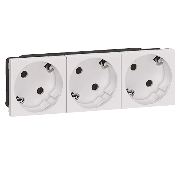 Розетка Legrand Mosaic 3х2К+З 45° для любых суппортов автозажим 6М, белая