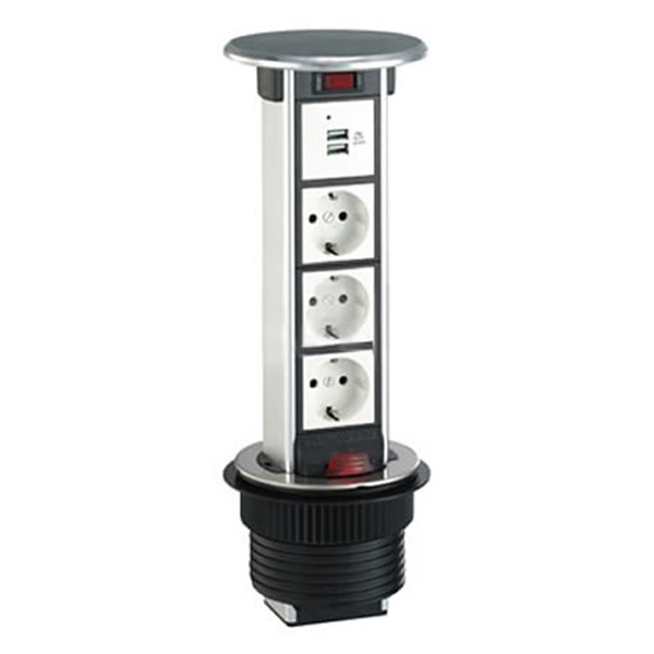 Блок розеточный выдвижной Экопласт на 4 розетки 45х45мм с выключателем алюминий+нержавеющая сталь