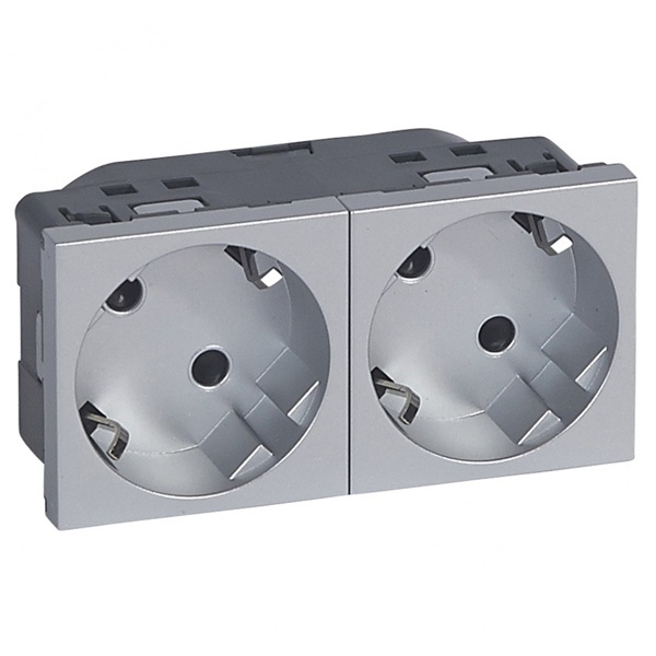 Розетка Legrand Mosaic 2х2К+З 45° для любых суппортов автозажим 4М, алюминий