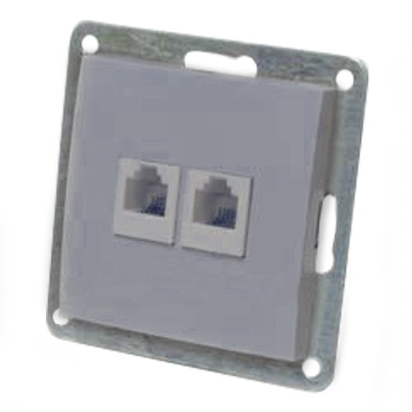 Розетка телефонная двойная Экопласт 2хRJ-11 с накладкой LK60, серебристый металлик