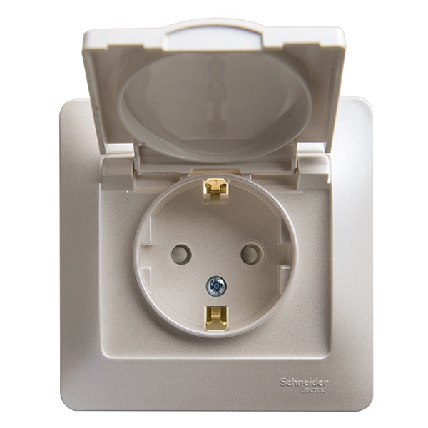 Розетка с заземлением со шторками с крышкой SE Glossa 16А IP20 в сборе, перламутр