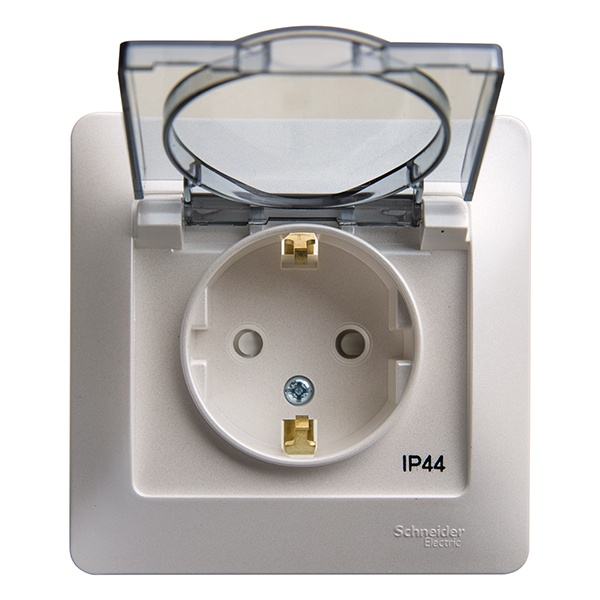 Розетка с заземлением со шторками с крышкой SE Glossa 16А IP44 в сборе, перламутр