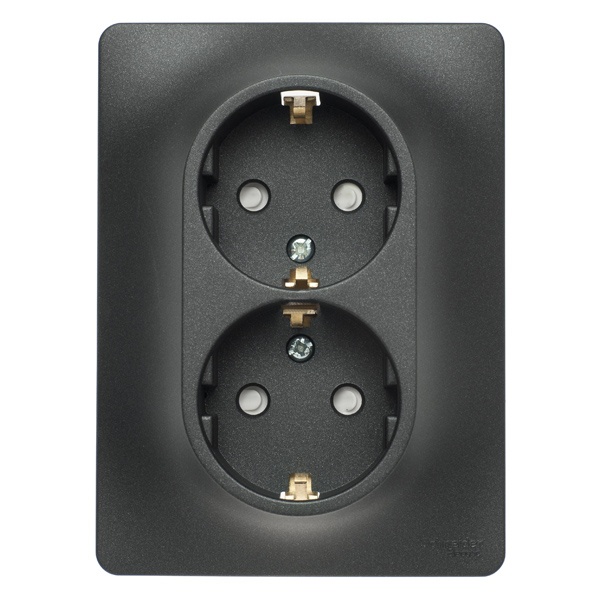 Розетка двойная с заземлением со шторками SE Glossa 16А в сборе, антрацит