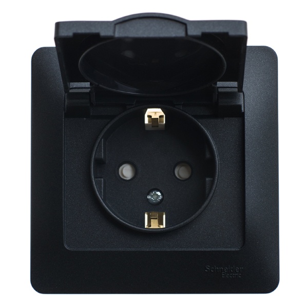 Розетка с заземлением со шторками с крышкой SE Glossa 16А IP20 в сборе, антрацит