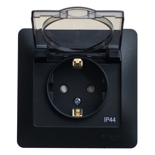 Розетка с заземлением со шторками с крышкой SE Glossa 16А IP44 в сборе, антрацит