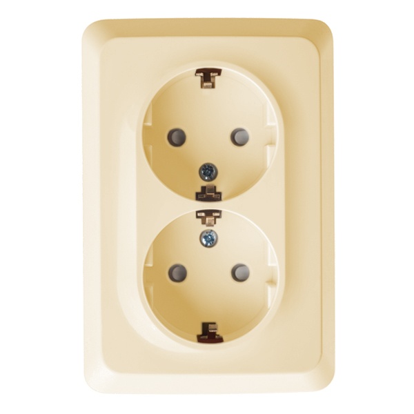 Накладная розетка угловая двойная с заземлением со шторками SE Этюд кремовая