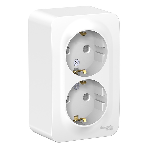 Накладная розетка 2-ая с заземлением со шторками SE Blanca 16А 250В белая монтажная пластина