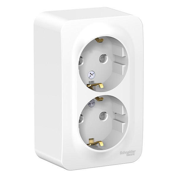 Накладная розетка 2-ая с заземлением со шторками SE Blanca 16А 250В белая изол.пластина