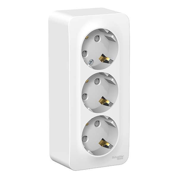 Накладная розетка 3-ая с заземлением со шторками SE Blanca 16А 250В белая изол.пластина