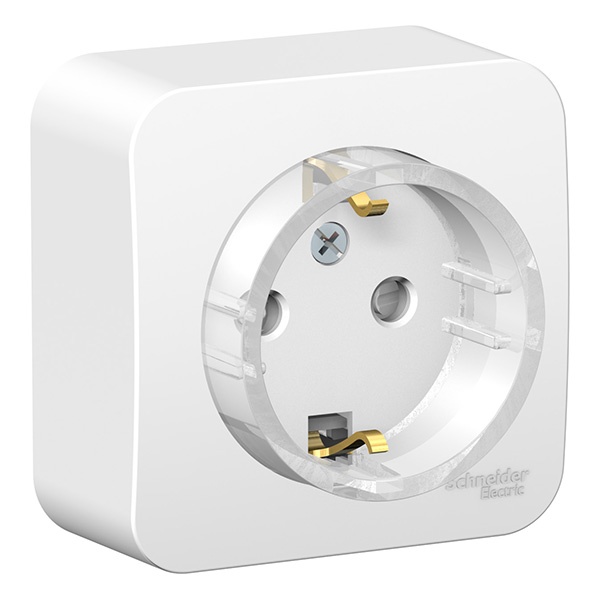 Накладная розетка компактная с заземлением со шторками SE Blanca 16А 250В белая изол.пластина