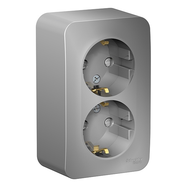 Накладная розетка 2-ая с заземлением со шторками SE Blanca 16А 250В алюминий