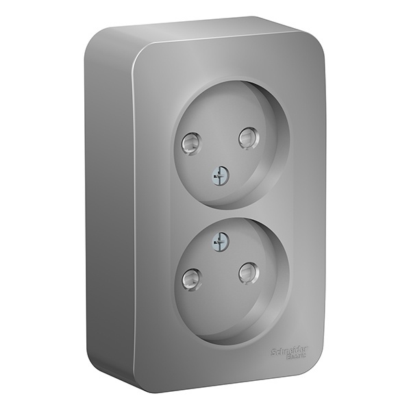 Накладная розетка 2-ая без заземления со шторками SE Blanca 16А 250В алюминий изол.пластина