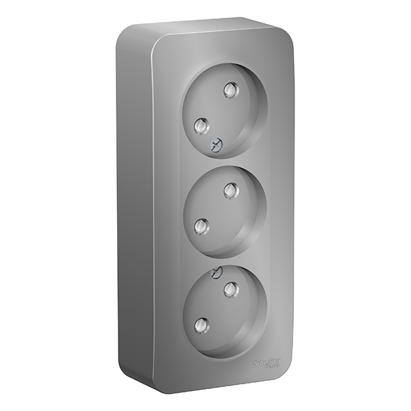 Накладная розетка 3-ая без заземления со шторками SE Blanca 16А 250В алюминий изол.пластина