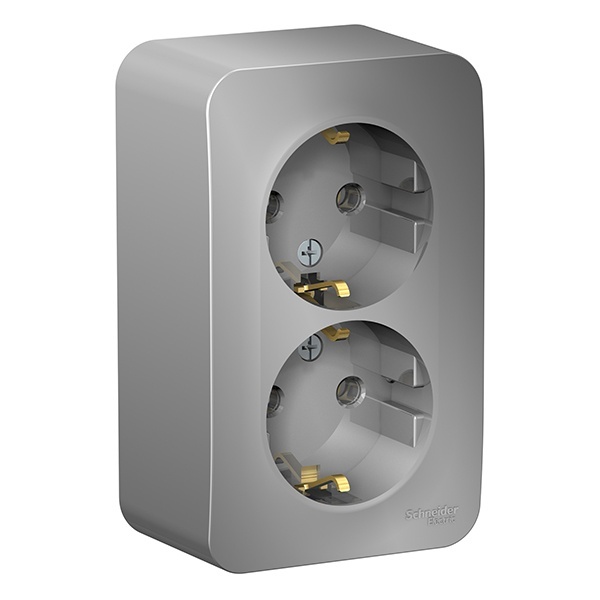 Накладная розетка 2-ая с заземлением без шторок SE Blanca 16А 250В алюминий изол.пластина