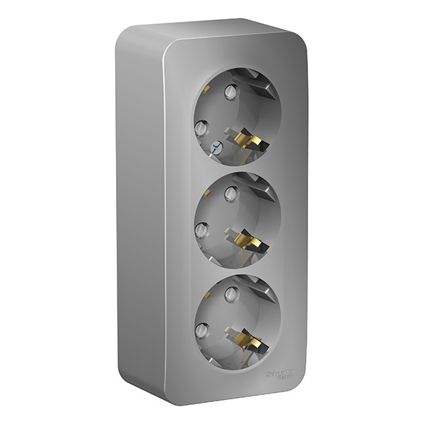 Накладная розетка 3-ая с заземлением со шторками SE Blanca 16А 250В алюминий изол.пластина