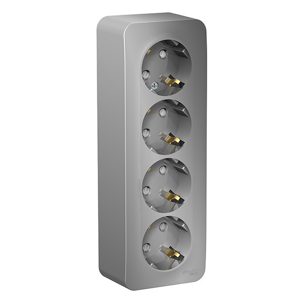 Накладная розетка 4-ая с заземлением со шторками SE Blanca 16А 250В алюминий изол.пластина