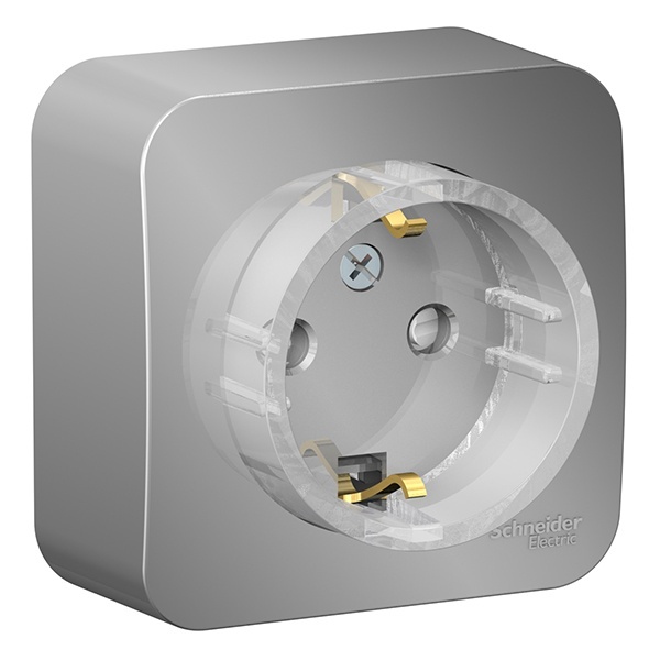 Накладная розетка компактная с заземлением со шторками SE Blanca 16А 250В алюминий из.пластина