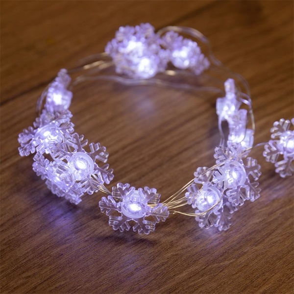 Гирлянда Снежинки, 2м, 20 LED, цвет белый, работа от 2 батареек CR2032 в комплекте