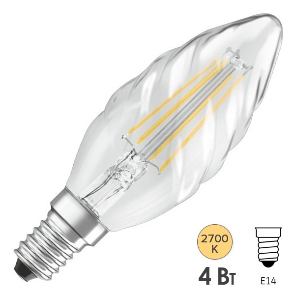 Лампа филаментная свеча витая Osram LED Retrofit BW40 4W/827 2700K 220V E14 прозрачная