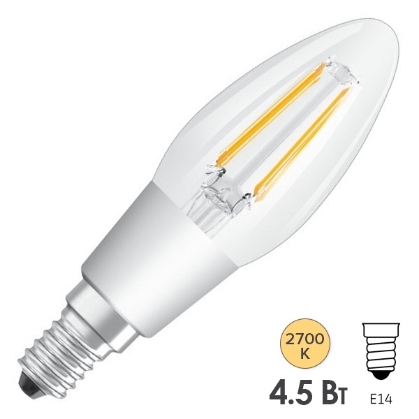 Лампа филаментная светодиодная свеча Osram LED P Retrofit CLAS B 40 DIM 4.5W/827 CL E14 Filament