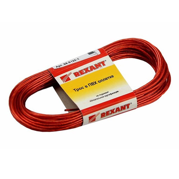 Трос стальной Rexant d2.0 мм в красной ПВХ изоляции, моток 20 метров