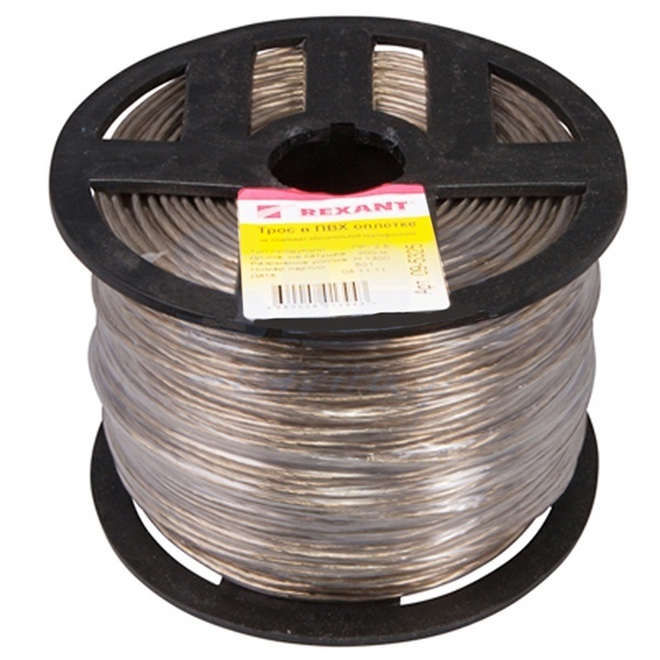 Трос стальной Rexant d2.5 мм в ПВХ изоляции, катушка 200 метров