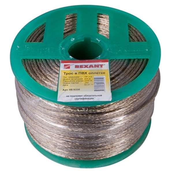 Трос стальной Rexant d3.0 мм в ПВХ изоляции, катушка 200 метров