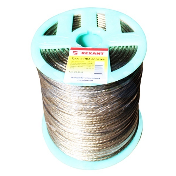 Трос стальной Rexant d3.5 мм в ПВХ изоляции, катушка 200 метров