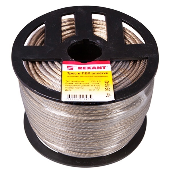 Трос стальной Rexant d4.0 мм в ПВХ изоляции, катушка 100 метров