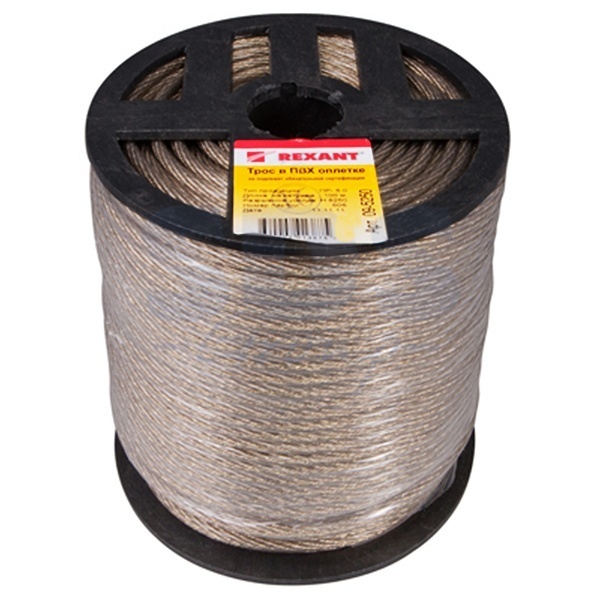 Трос стальной Rexant d5.0 мм в ПВХ изоляции, катушка 100 метров