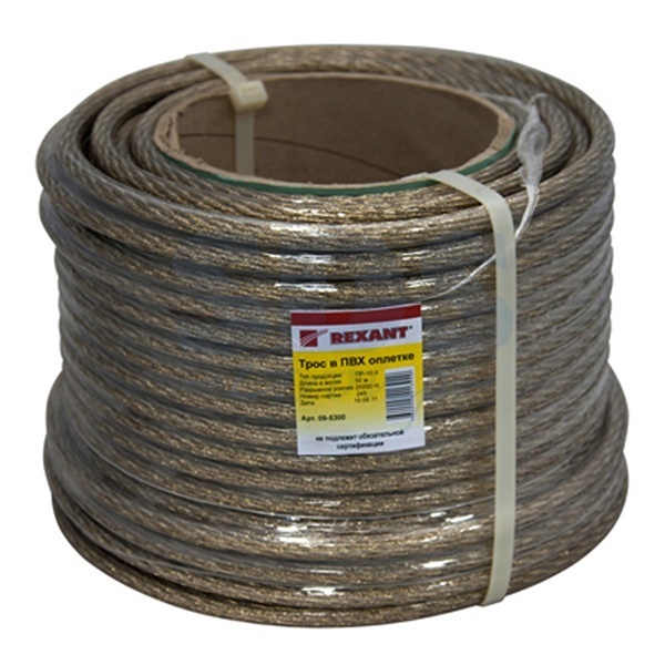 Трос стальной Rexant d10.0 мм в ПВХ изоляции, катушка 50 метров