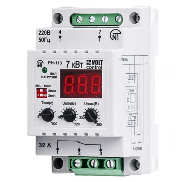 Однофазное реле контроля напряжения Новатек РН-113 32А на DIN-рейку