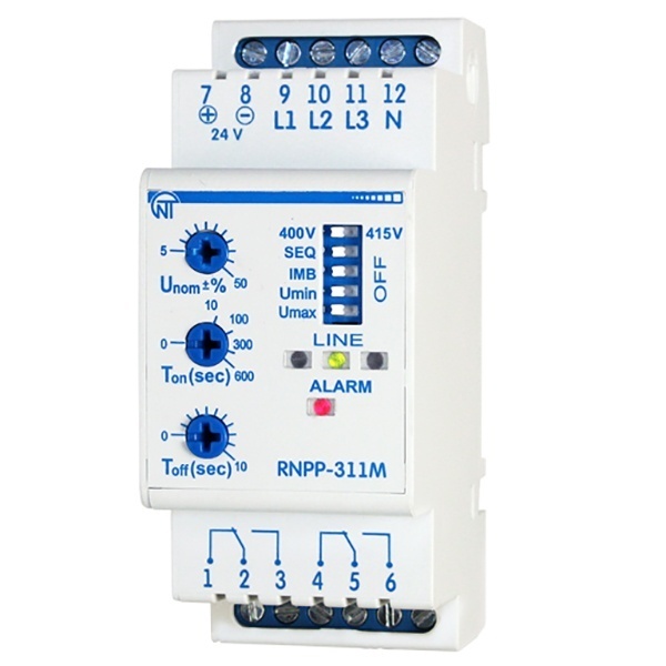 Трехфазное реле контроля напряжения Новатек РНПП-311М 5А на DIN-рейку