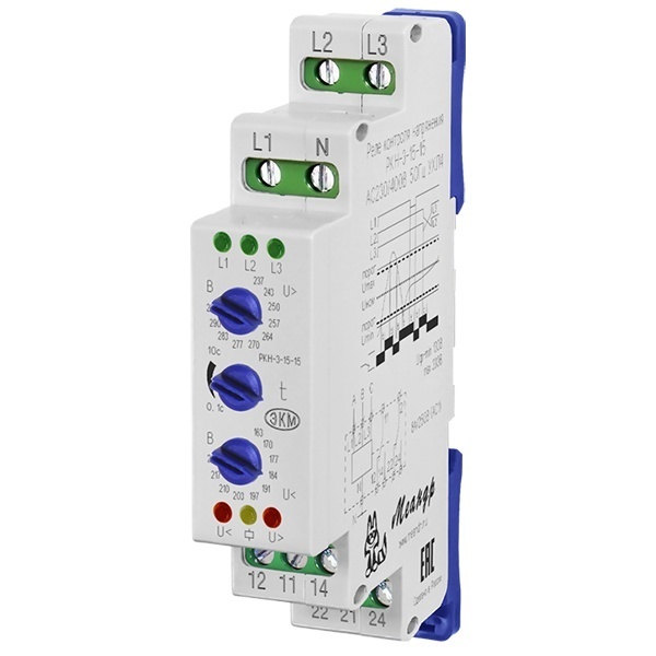 Трехфазное реле контроля напряжения/чередования/обрыва фаз Меандр РКН-3-15-15 5А 220В АС DIN-рейка