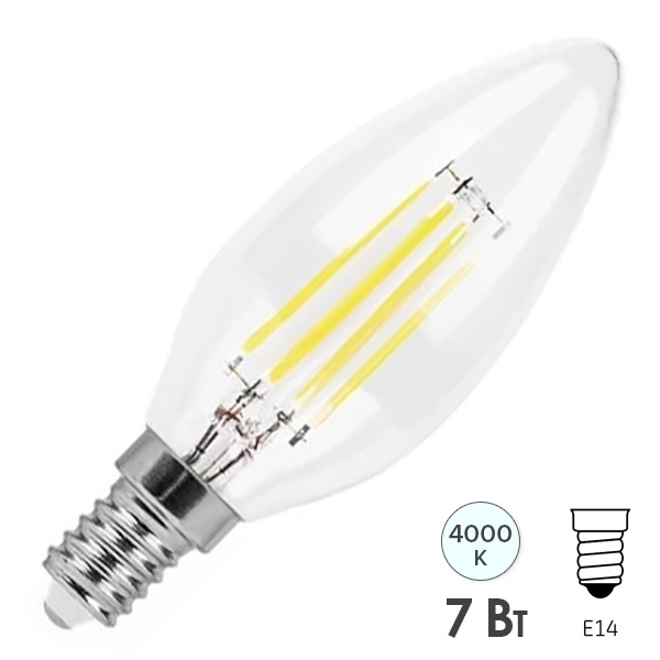 Лампа филаментная светодиодная свеча Feron LB-166 7W 4000K 230V E14 760lm DIM filament белый свет