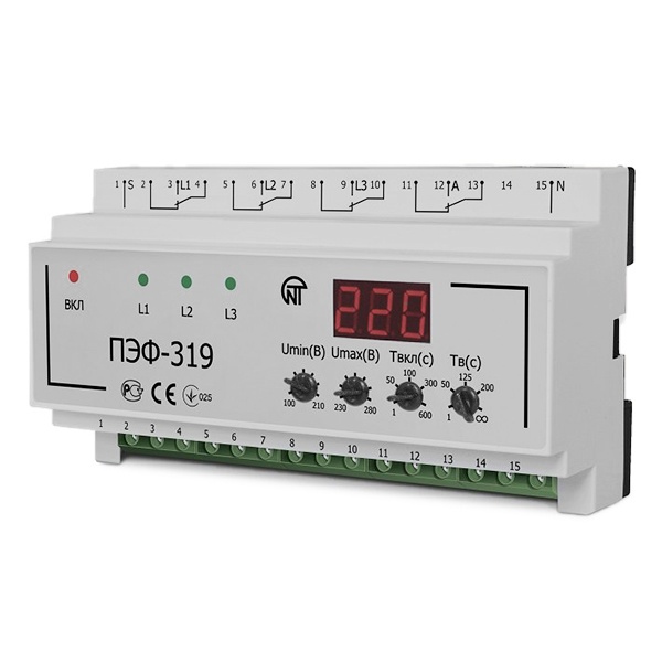 Универсальный автоматический электронный переключатель фаз Новатек ПЭФ-319 на дин-рейку