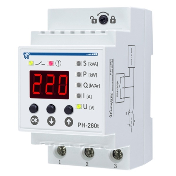 Однофазное реле контроля напряжения и тока Новатек РН-260Т 63А, на DIN-рейку