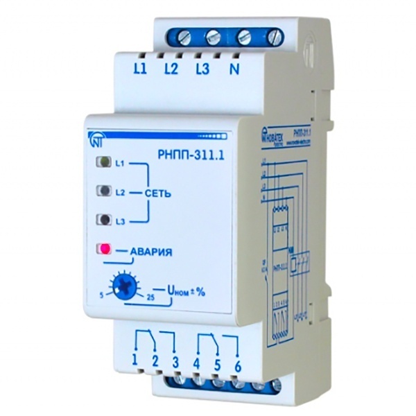 Трехфазное реле напряжения, перекоса и последовательности фаз Новатек РНПП-311.1