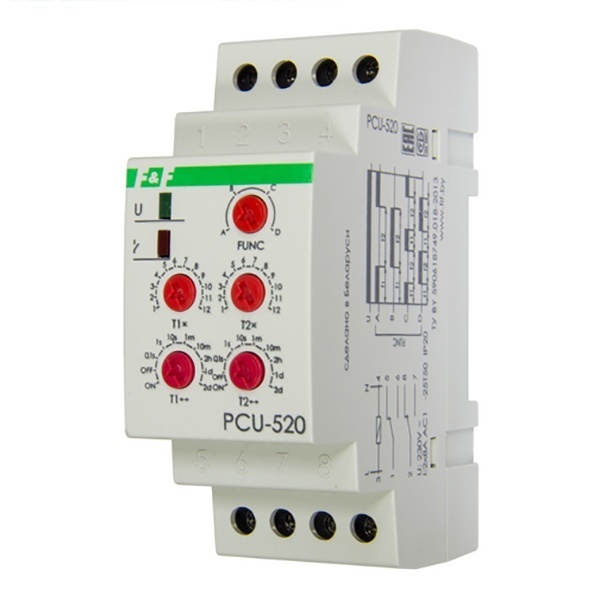 Реле времени многофункциональное Евроавтоматика PCU-520 0.1с-24дн. 2Х8А 2NO/NC