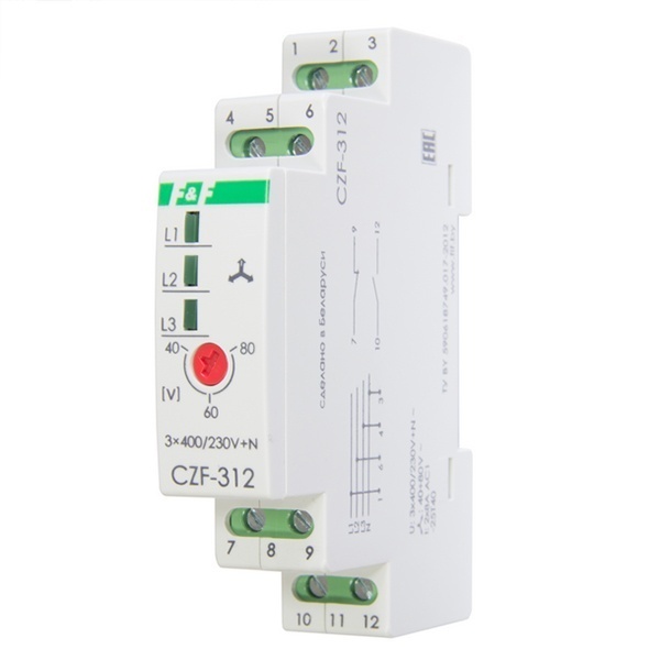 Реле контроля наличия, асимметрии фаз CZF-312 асимметрия 40-80В, задержка откл. 0,3 с, 1NO, 1NC