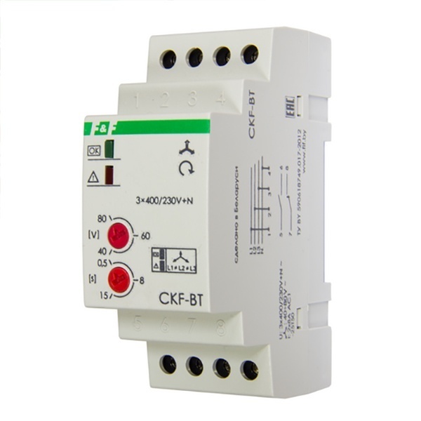 Реле контроля наличия/асимметрии/чередования фаз CKF-BT асим 40-80В, задерж. откл. 0,5-15с, 1NO, 1NC