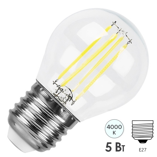 Лампа филаментная светодиодная шарик ИЭК LED G45 5Вт 4000K 220В E27 360° прозрачная
