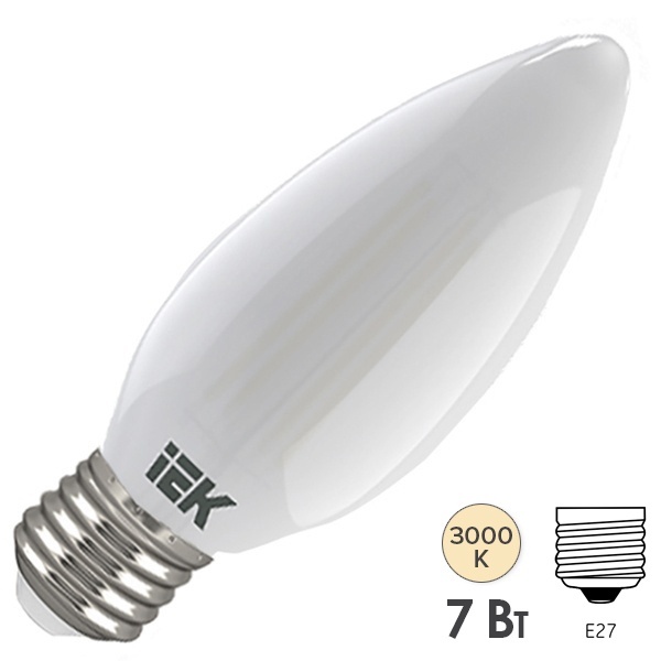 Лампа филаментная светодиодная свеча ИЭК 7Вт 3000K 220В E27 матовая 360°