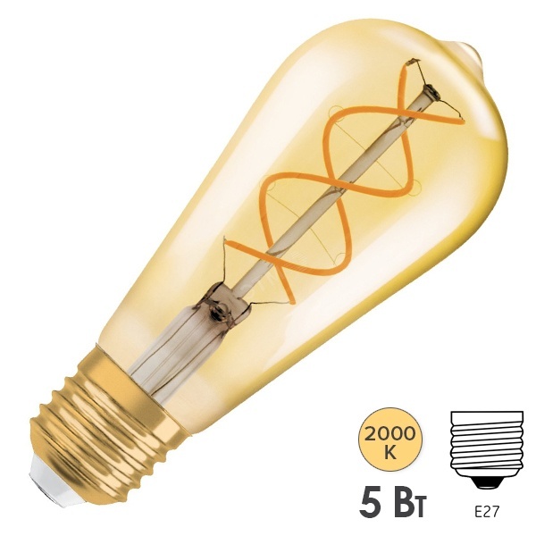 Лампа филаментная капля Osram Vintage 1906 CL Edison Gold 28 4W/820 E27 300Lm спираль D140x64mm