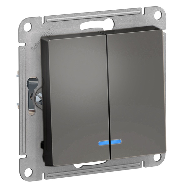 Двухклавишный выключатель с подсветкой SE AtlasDesign 10A, сталь [уп 5 шт]