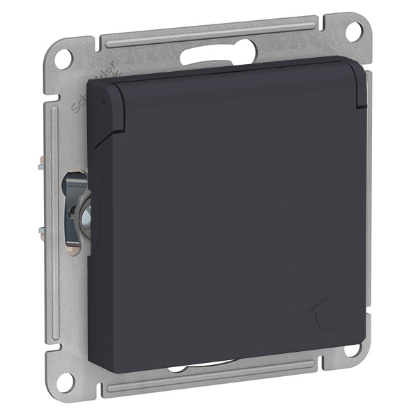Розетка с заземл со шторк с крышкой SE AtlasDesign 16А IP20, карбон [уп 5 шт]