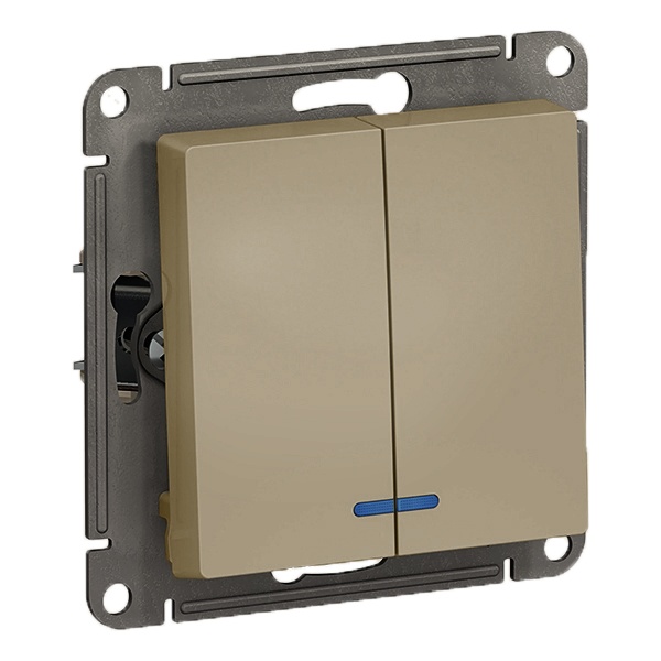 Двухклавишный выключатель с подсветкой SE AtlasDesign 10A, шампань [уп 10 шт]