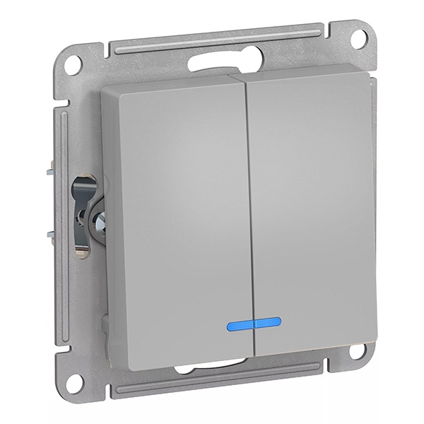 Двухклавишный выключатель с подсветкой SE AtlasDesign 10A, алюминий [уп 10 шт]