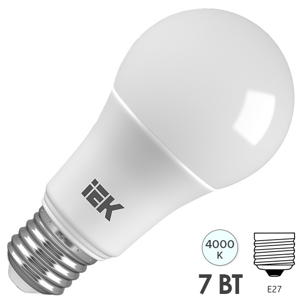 Лампа светодиодная груша ИЭК ECO A60 7W 4000K 230V E27 холодный свет